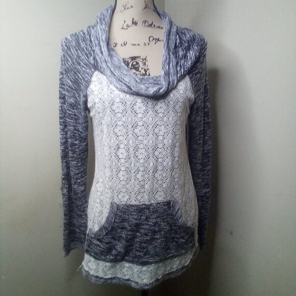 Miss Chievous Shirt Women S Long Sleeve Cowl Neck Lace Pocket Gray White - Picture 3 of 16